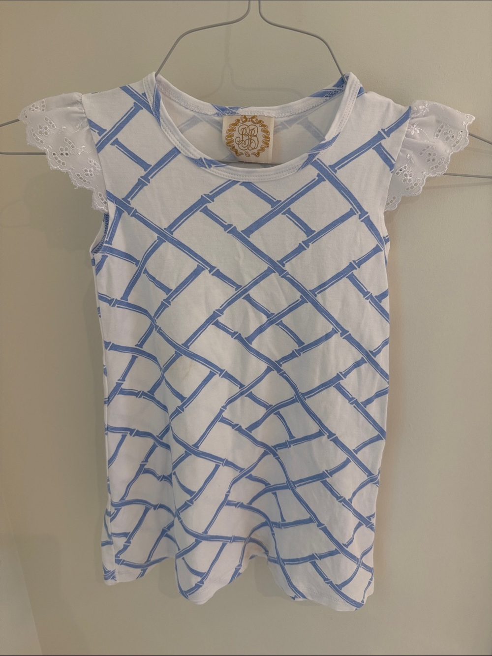 Beaufort Bonnet White & Light Blue Lattice Print Flutter Sleeve Dress